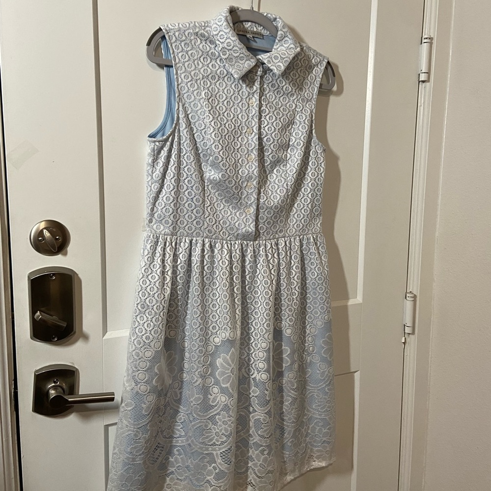 Sandra Darren Blue with White Lace V-Neck Sleeveless Dress
